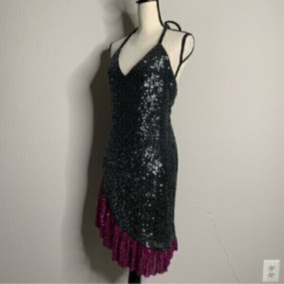 NWT One33 Social Black & Purple Sequin Colorblock Backless Halter Dress - Picture 11 of 13